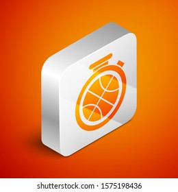 Isometric Stopwatch with basketball ball inside icon isolated on orange background. Basketball time. Sport and training. Silver square button. Vector Illustration