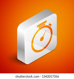 Isometric Stopwatch icon isolated on orange background. Time timer sign. Silver square button. Vector Illustration