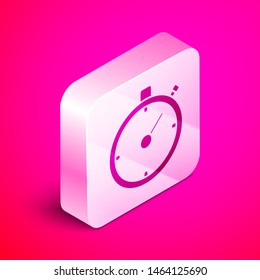 Isometric Stopwatch icon isolated on pink background. Time timer sign. Chronometer sign. Silver square button. Vector Illustration