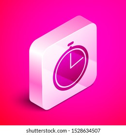 Isometric Stopwatch icon isolated on pink background. Time timer sign. Silver square button. Vector Illustration