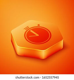 Isometric Stopwatch icon isolated on orange background. Time timer sign. Chronometer sign. Orange hexagon button. Vector Illustration