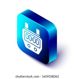 Isometric Stopwatch icono aislado en fondo blanco. Signo del temporizador de tiempo. Signo del ronómetro. Botón cuadrado azul. Ilustración vectorial