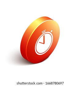 Isometric Stopwatch icono aislado en fondo blanco. Signo del temporizador de tiempo. Signo del ronómetro. Botón de círculo naranja. Ilustración vectorial