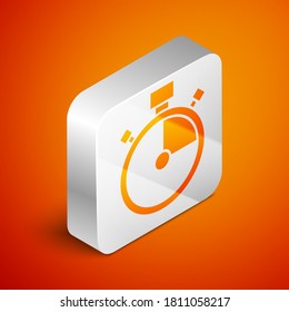 Isometric Stopwatch icon isolated on orange background. Time timer sign. Chronometer sign. Silver square button. Vector.