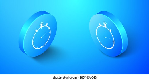 Isometric Stopwatch icon aislado en fondo azul. Signo del temporizador de tiempo. Botón de círculo azul. Vector.
