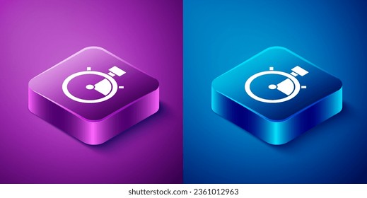 Isometric Stopwatch icon isolated on blue and purple background. Time timer sign. Chronometer sign. Square button. Vector