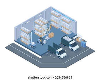 Isometric storage building, modern warehouse interior. Storage forklift trucks, pallet trolley, shelves and delivery lorry vector illustration. Warehouse buildings interior. Building warehouse