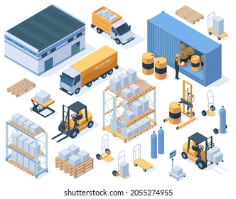 Isometric storage buildings, cargo trucks and warehouse workers. Industrial warehouse equipment, delivery service vector illustration set. Warehouse storage elements and building cargo isometric