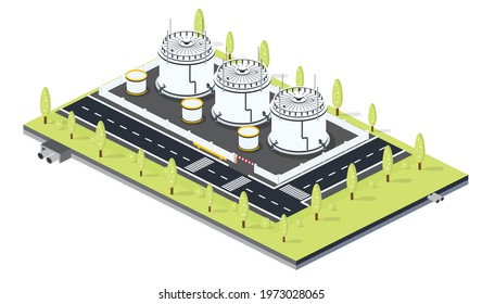 Isometric Storage of Gasoline, Crude Oil or Diesel. Tank Farm ​Isolated on White Background. Vector Illustration. Infographic Element.