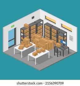 isometric storage room warehouse with parcels and shelves vector flat illustration