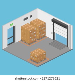 isometric storage room warehouse with parcels on pallet vector flat illustration