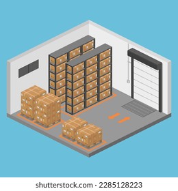 isometric storage room warehouse with parcels on pallet vector flat illustration