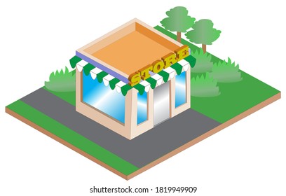 Isometric Store Building and Shopping Icon