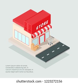 Isometric Store Building Vector With Trolley Cart And Cardboards