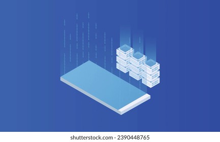 Isometric Store data. Digital service or app with online computer technology data transfer.on blue background.3D design.isometric vector design.
