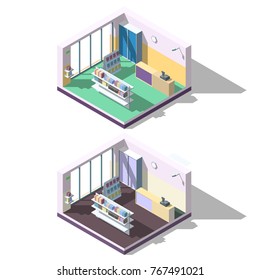 Isometric store design. Small shop cutaway icon.
