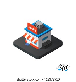 Isometric store flat icon isolated on white background, building city infographic element, digital low poly graphic, vector illustration