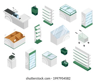 Isometric Store Furniture. Counter, Checkout, Shelves, Showcase Displays, Baskets, Carts. Supermarket Or Grocery Shop Interior Vector Set. Equipment For Goods Selling Isolated On White