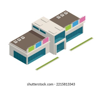 Isometric store mall shopping centre building exterior 3d vector illustration