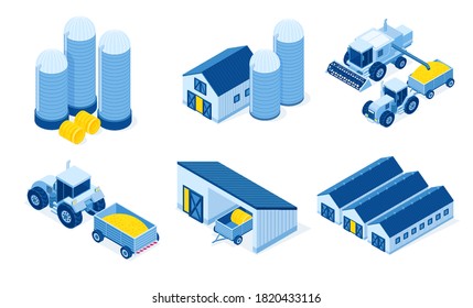 Isometric storehouse, granary and tractor machinery. Warehouse buildings for grain and hay harvest storage, industrial hangars and agricultural vehicles for farming works, 3d vector illustration set