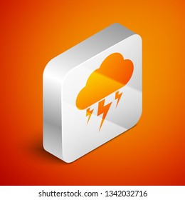 Isometric Storm icon isolated on orange background. Cloud and lightning sign. Weather icon of storm. Silver square button. Vector Illustration
