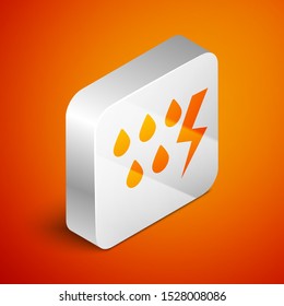 Isometric Storm icon isolated on orange background. Drop and lightning sign. Weather icon of storm. Silver square button. Vector Illustration