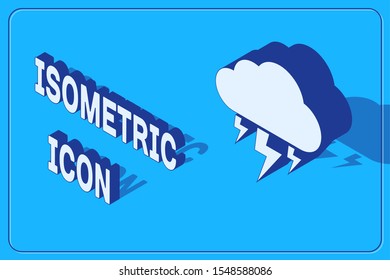 Isometric Storm icon isolated on blue background. Cloud and lightning sign. Weather icon of storm.  Vector Illustration