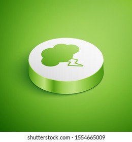 Isometric Storm icon isolated on green background. Cloud and lightning sign. Weather icon of storm. White circle button. Vector Illustration
