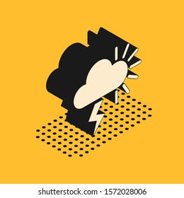 Isometric Storm icon isolated on yellow background. Cloudy with lightning and sun sign. Weather icon of storm.  Vector Illustration