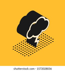 Isometric Storm icon isolated on yellow background. Cloud and lightning sign. Weather icon of storm.  Vector Illustration