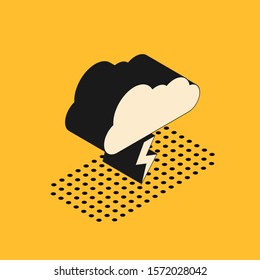 Isometric Storm icon isolated on yellow background. Cloud and lightning sign. Weather icon of storm.  Vector Illustration