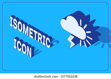 Isometric Storm icon isolated on blue background. Cloudy with lightning and sun sign. Weather icon of storm.  Vector Illustration