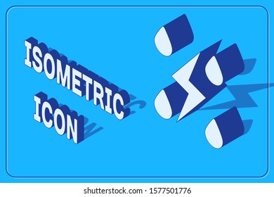 Isometric Storm icon isolated on blue background. Drop and lightning sign. Weather icon of storm.  Vector Illustration