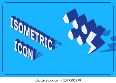 Isometric Storm icon isolated on blue background. Drop and lightning sign. Weather icon of storm.  Vector Illustration