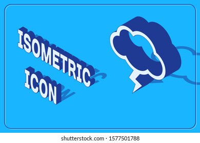 Isometric Storm icon isolated on blue background. Cloud and lightning sign. Weather icon of storm.  Vector Illustration