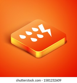 Isometric Storm icon isolated on orange background. Drop and lightning sign. Weather icon of storm.  Vector Illustration