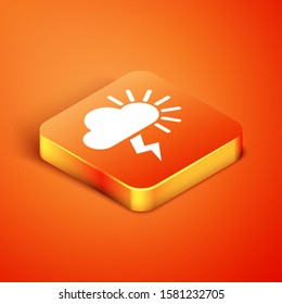 Isometric Storm icon isolated on orange background. Cloudy with lightning and sun sign. Weather icon of storm.  Vector Illustration