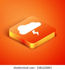 Isometric Storm icon isolated on orange background. Cloud and lightning sign. Weather icon of storm.  Vector Illustration