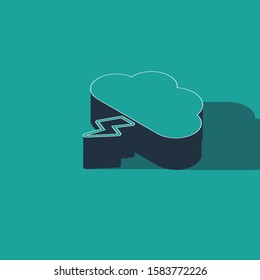 Isometric Storm icon isolated on green background. Cloud and lightning sign. Weather icon of storm.  Vector Illustration