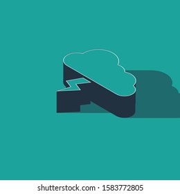 Isometric Storm icon isolated on green background. Cloud and lightning sign. Weather icon of storm.  Vector Illustration