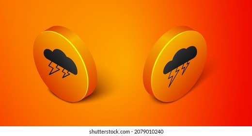 Isometric Storm icon isolated on orange background. Cloud and lightning sign. Weather icon of storm. Orange circle button. Vector