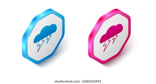 Icono isométrico de la tormenta aislado en el fondo blanco. Nube y signo de relámpago. Icono de Clima de la tormenta. Botón hexagonal. Vector