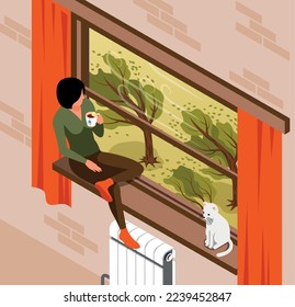 Isometric storm weather colored composition girl and her cat sit at home on the window sill and watch the strong wind outside the window vector illustration