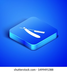 Isometric Straight razor icon isolated on blue background. Barbershop symbol. Blue square button. Vector Illustration
