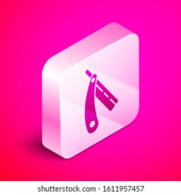 Isometric Straight razor icon isolated on pink background. Barbershop symbol. Silver square button. Vector Illustration