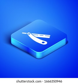 Isometric Straight razor icon isolated on blue background. Barbershop symbol. Blue square button. Vector Illustration