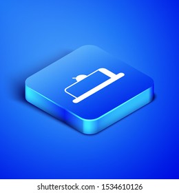 Isometric Strawberry cheesecake slice with fruit topping icon isolated on blue background. Blue square button. Vector Illustration