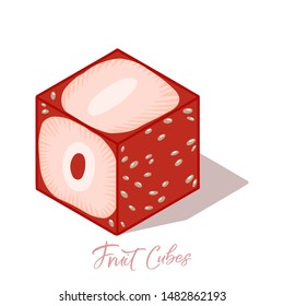 Isometric strawberry cube with shadow. Colorful vector food illustration for healthy food cafe, restaurant, fruits and grocery market