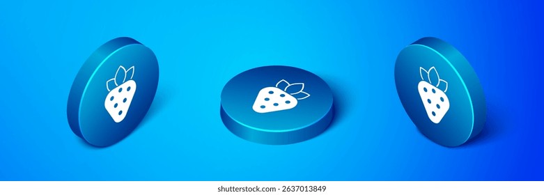 Isometric Strawberry icon isolated on blue background. Blue circle button. Vector