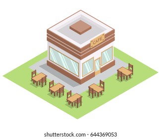 Edificio isométrico de la cafetería de la calle 3D con las mesas y las sillas en la hierba aislada en el fondo blanco. Exterior de restaurante o tienda. Ilustración vectorial del icono de construcción en la proyección isométrica.